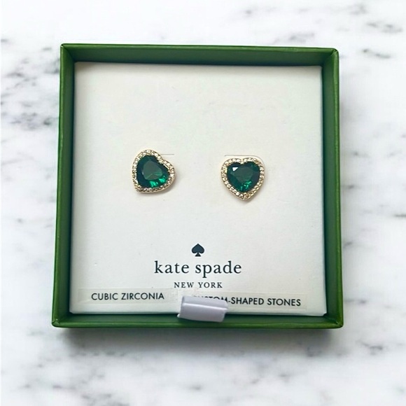 Kate Spade MY LOVE Pavé Heart Studs Earrings Emerald Gold - Picture 2 of 4